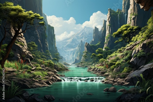 Steep Cliffs and Waterfall in Hidden Canyon, on an isolated Teal background, Generative AI