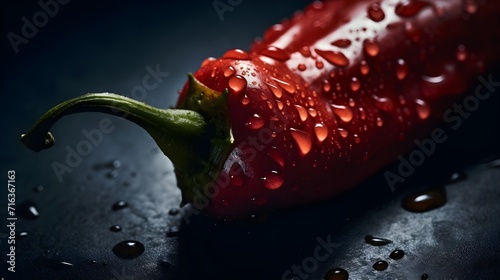 Fresh chilli pepper with water splashes and drops on black background