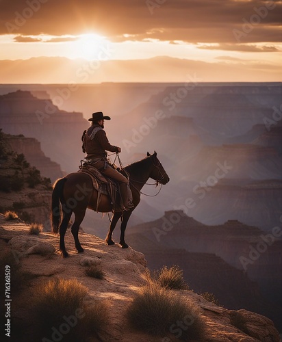 cowboy on a horse at the top of the mountainous grand canyon golden hour sunset. dijital art.