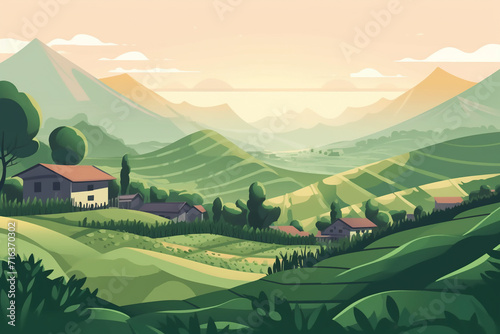 Green tea plantation landscape vector illustration. Cartoon flat rural farmland fields, terraced farmer tea plantation, hills with greenery and mountain on horizon. Asian agricultur