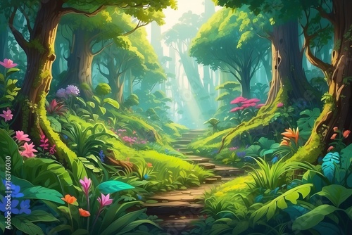 A lush forest scene with vibrant greenery and a flourishing ecosystem to celebrate Earth Day