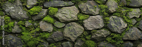 Lush green moss on a rugged stone wall, seamless nature background texture