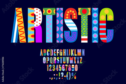 Geometric abstract font, type or color shape typeface, vector urban art English alphabet. ABC letters font of artistic retro or modern creative typography type with colorful pattern and shapes