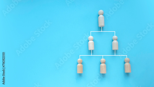 Company hierarchical organizational chart of blocks on blue background with copy space.