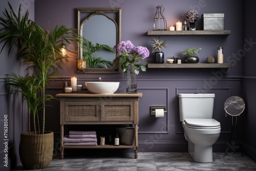 eclectic hotel bathroom toilet with dark gray stone tiles and mismatched décor, on an isolated lavender background, Generative AI