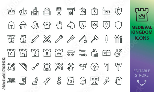 Medieval Kingdom isolated icons set. Set of king crown, castle, throne, medieval knight, tower, sword, shield, bow, arrow, crossbow, armor, weapons, siege weapon, banner, viking helmet vector icon