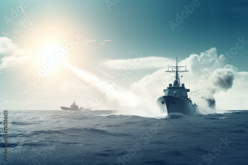 Naval destroyer firing anti-aircraft missiles for strategic warfare, depicted as wide banner with empty space. Generative AI