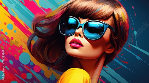 Stylish woman with sunglasses against vibrant pop art background. Fashion and style.