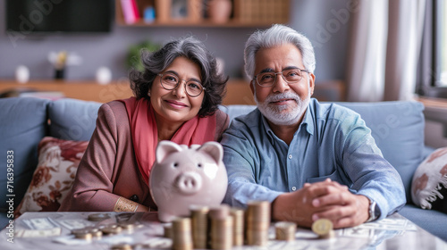 A retired Indian couple sitting with their piggy bank,concept for retirement saving