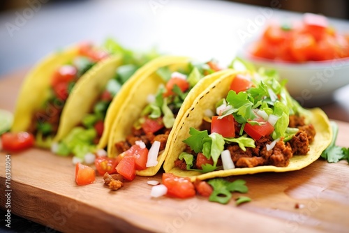 chorizo tacos garnished with diced tomatoes and lettuce