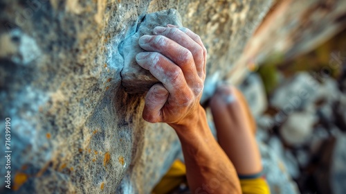 A close-up of a climber's hands gripping a challenging hold, with a focus on determination and strength