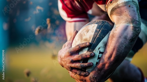 A close-up of a rugby player holding the ball firmly during a match, with focus on determination and strength 