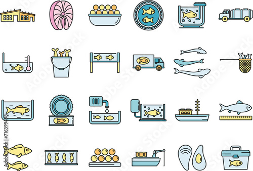 Food fish farm icons set. Outline set of food fish farm vector icons thin line color flat on white
