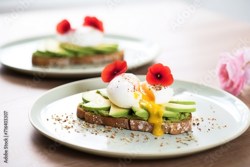 avocado and poached egg open sandwich with radish slices