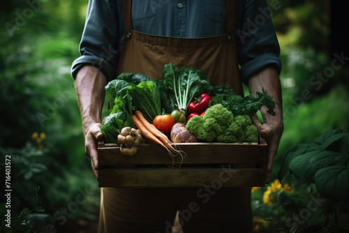 Unrecognizable Man's Hands Carrying Box of Vegetables in the Garden