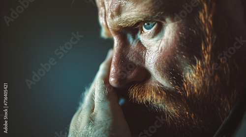 Produce an artistic self-portrait featuring a man engaged in profound reflection, perhaps shedding tears of personal discovery. Employ gentle, natural lighting to capture deep emotions.