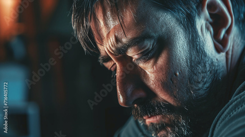 Produce an artistic self-portrait featuring a man engaged in profound reflection, perhaps shedding tears of personal discovery. Employ gentle, natural lighting to capture deep emotions.