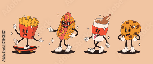 Set of fast food retro groovy cartoon character. Vintage mascot of burger, pizza, hot dog, ice cream, french fries, coffee to go, donut and soda with happy smile. Funky street food illustration