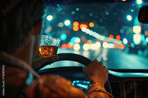 Man driving a car with a glass of beer in his hand. Suitable for illustrating the dangers of drunk driving