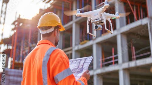 Architectural Engineer Inspector Fly Drone on Building Construction Site Controlling Quality