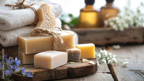 Spotlight on ecological homemade soaps and solid shampoo in the bathroom