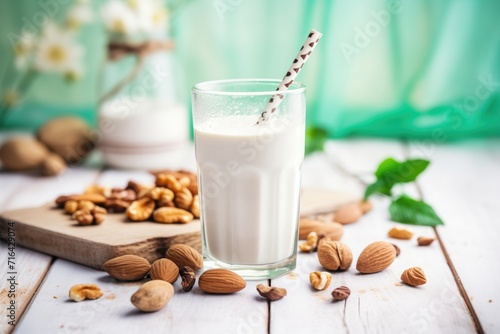 vegan milkshake with almond milk and vegan cream, nuts on side