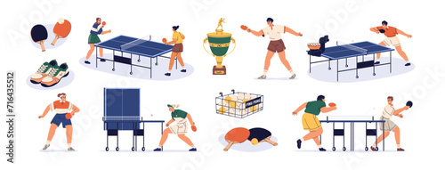Ping-pong set. Playing table tennis, indoor sport game. Pingpong players, athletes training with opponent, machine. Ball, rackets for tabletennis. Flat vector illustration isolated on white background