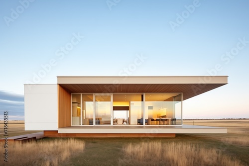 modern cubic house with vast eaves on a prairie plain