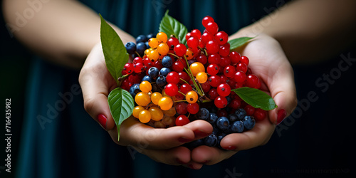woman hands holding a bowl of fruit, black chokeberry and viburnum, A bunch of red rowan berries, Red Currant , Front view different fresh fruits, Generative AI