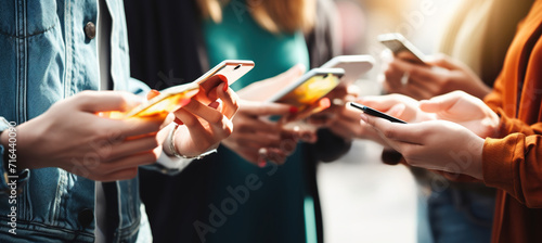 Group of young people using smart mobile phone device outside