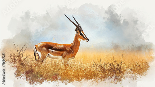 gazelle on a gray background , watercolor style , close-up, profile view