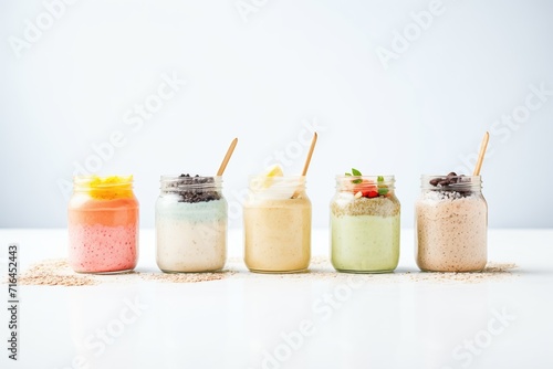 row of jars with various overnight oats flavors against a light background