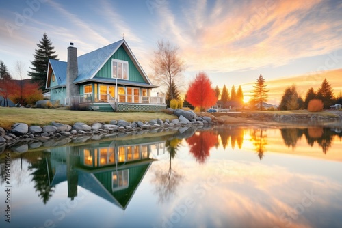 sunrise reflection on the lake by a secluded cottage