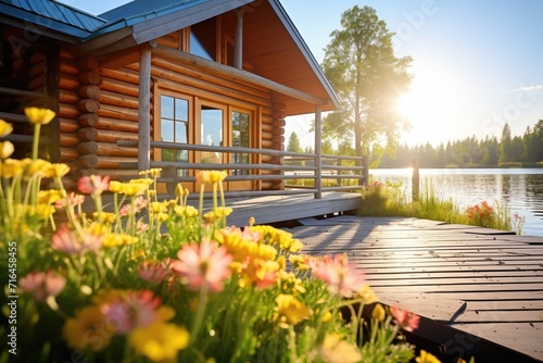 sunlit log cabin with blooming flowers on the dock