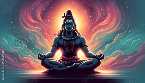Illustration of serene meditative lord shiva silhouette.