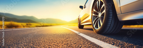 Close up tire and wheel of a car on the road in background. The driving concept of travel and vacation.