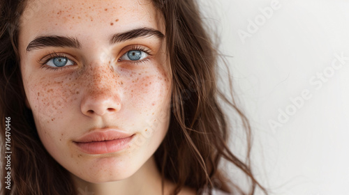 Young woman with skin problem atopic dermatitis, pigmentation, eczema on the face.