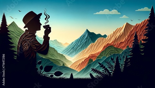 Illustration on the theme of a man in the mountains drinking coffee
