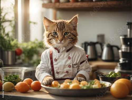Cute cat chef cooking food. AI Generated.