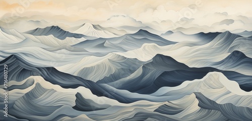 Dynamic hand-drawn mountain ranges creating a captivating pattern under a cloud-streaked midday sky