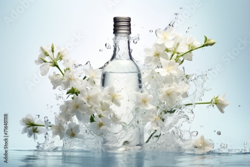 a bottle of clean, mineral water with a splash of spring flowers on a light background. The concept of clean drinking water