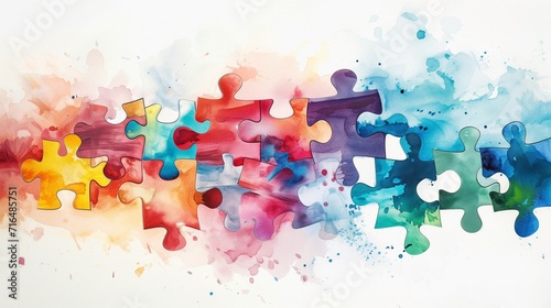 Interlocking puzzle pieces with a watercolor texture, symbolizing connection and diversity in a colorful, abstract design.