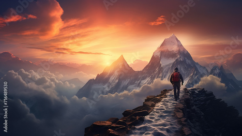 figure of a man on the way to a mountain peak at dawn, against the background of an incredible rocky landscape in dawn colors, the concept of the path to success, achievement in business