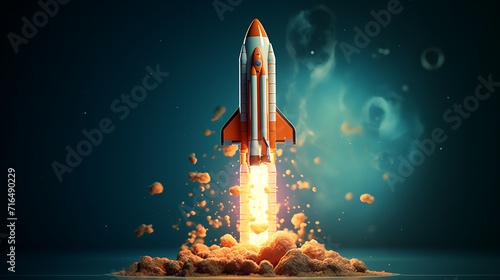 Rocket and chart on blue background business financial start up growth success concept object design