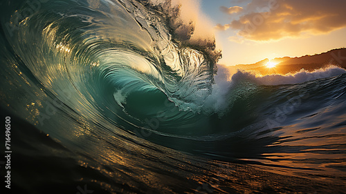 ocean wave swirls into a tube at sunset, landscape tropical sea coast, surf waves