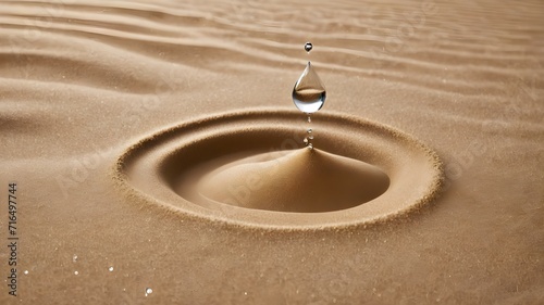 A drop of water falls into a pile of sand in the desert. Life-giving liquid
