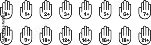 Age restriction icons set. Age limit symbol. Hand with age restriction. High quality vector illustration.