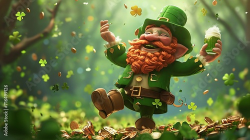 St. Patrick day, Green clover, Leprechaun drinking in a pub, pot of gold, green beer, lucky, viking, horns, helm, warrior, background poster, wallpaper, lucky, gold coins, beer