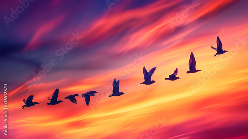 Migratory birds in flight against a colorful sky during seasonal journey. World wildlife day