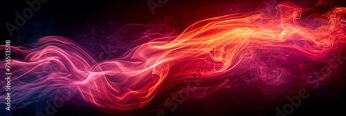 Red, purple and orange color smoke on black background, wide format image.